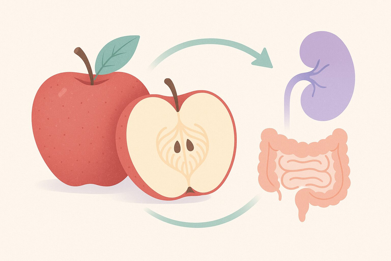 Editorial illustration of a sliced apple showing pectin fiber strands with a stylized kidney icon