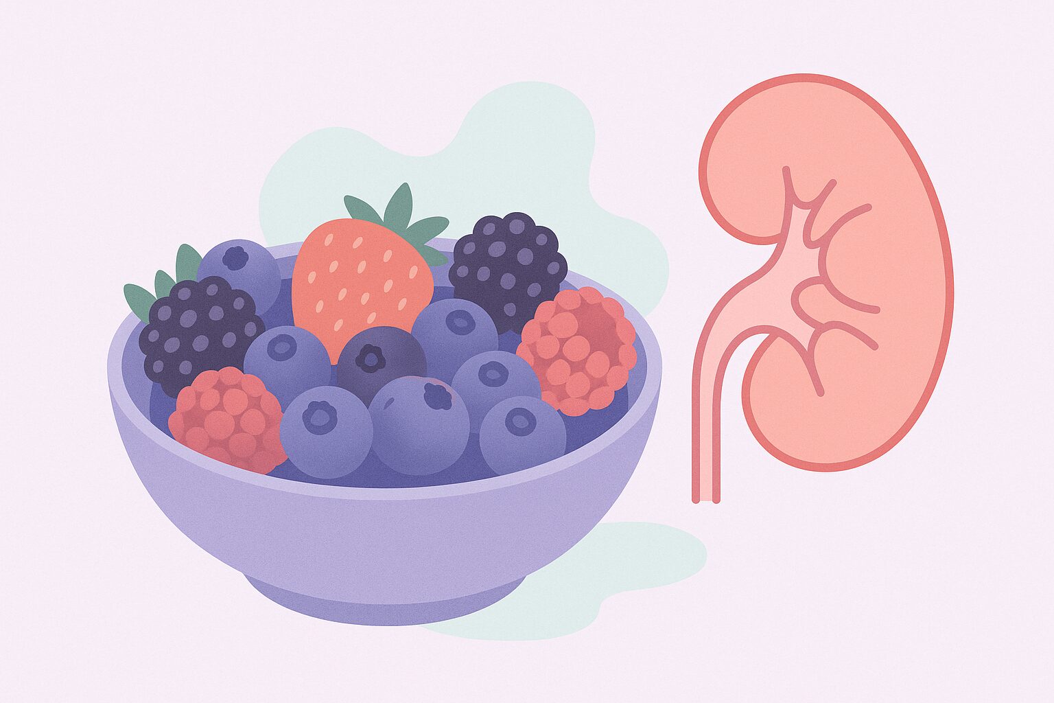 Editorial illustration of mixed berries — blueberries, strawberries, raspberries — with a stylized kidney icon