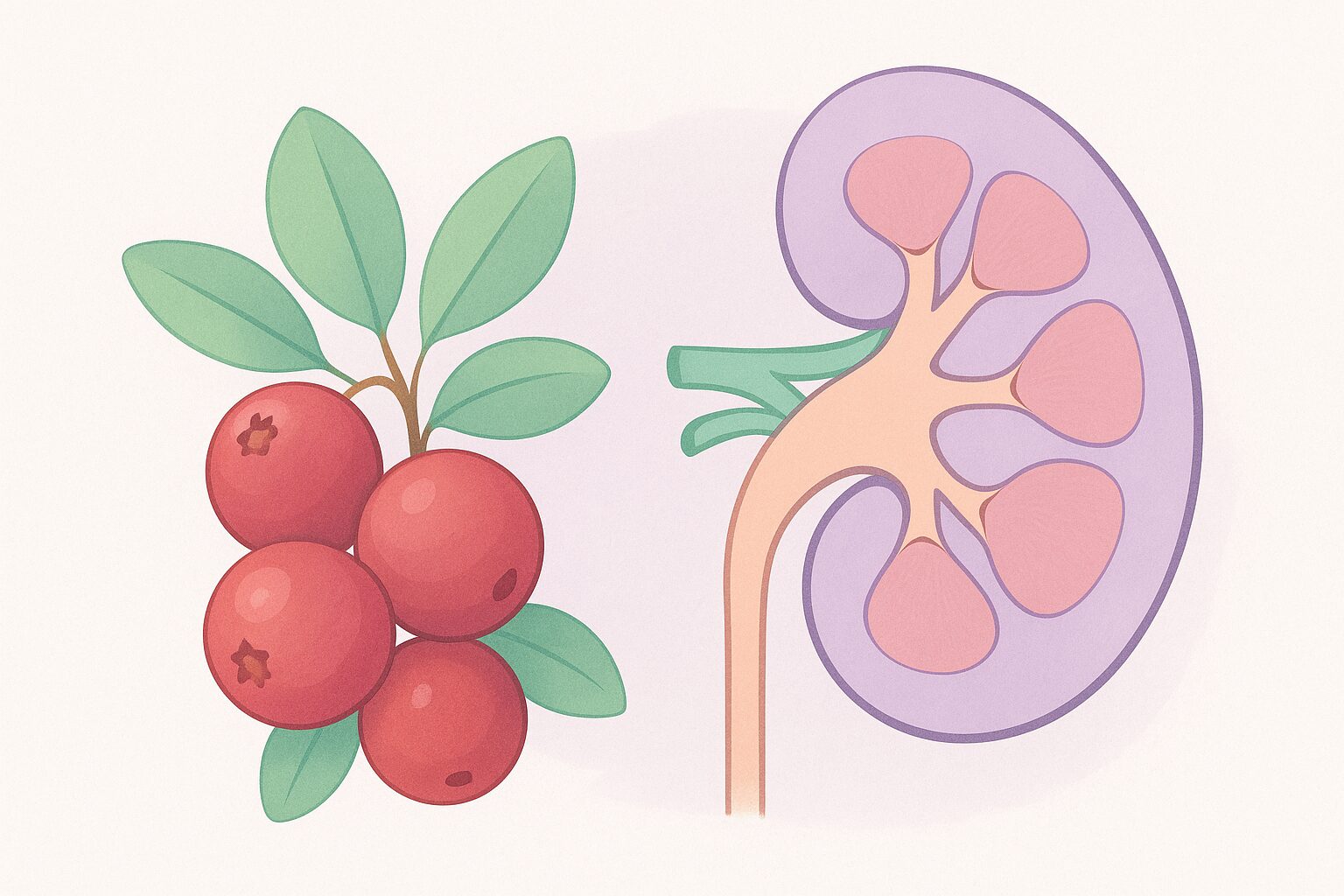 Editorial illustration of cranberries with a stylized kidney anatomy diagram, soft pastel