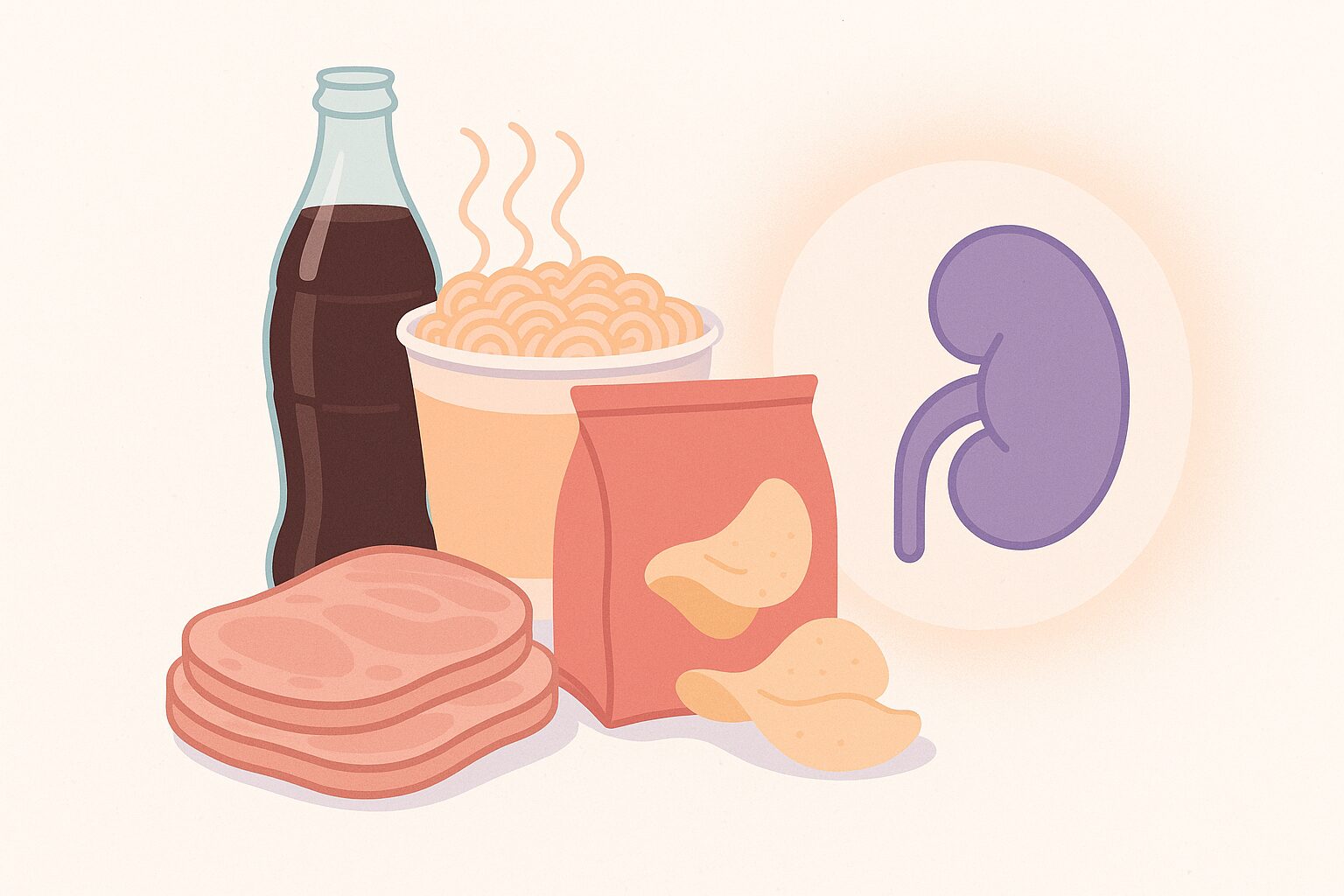 Illustration of CKD foods to avoid — processed meats, dark soda, salty snacks — with a caution-styled kidney icon