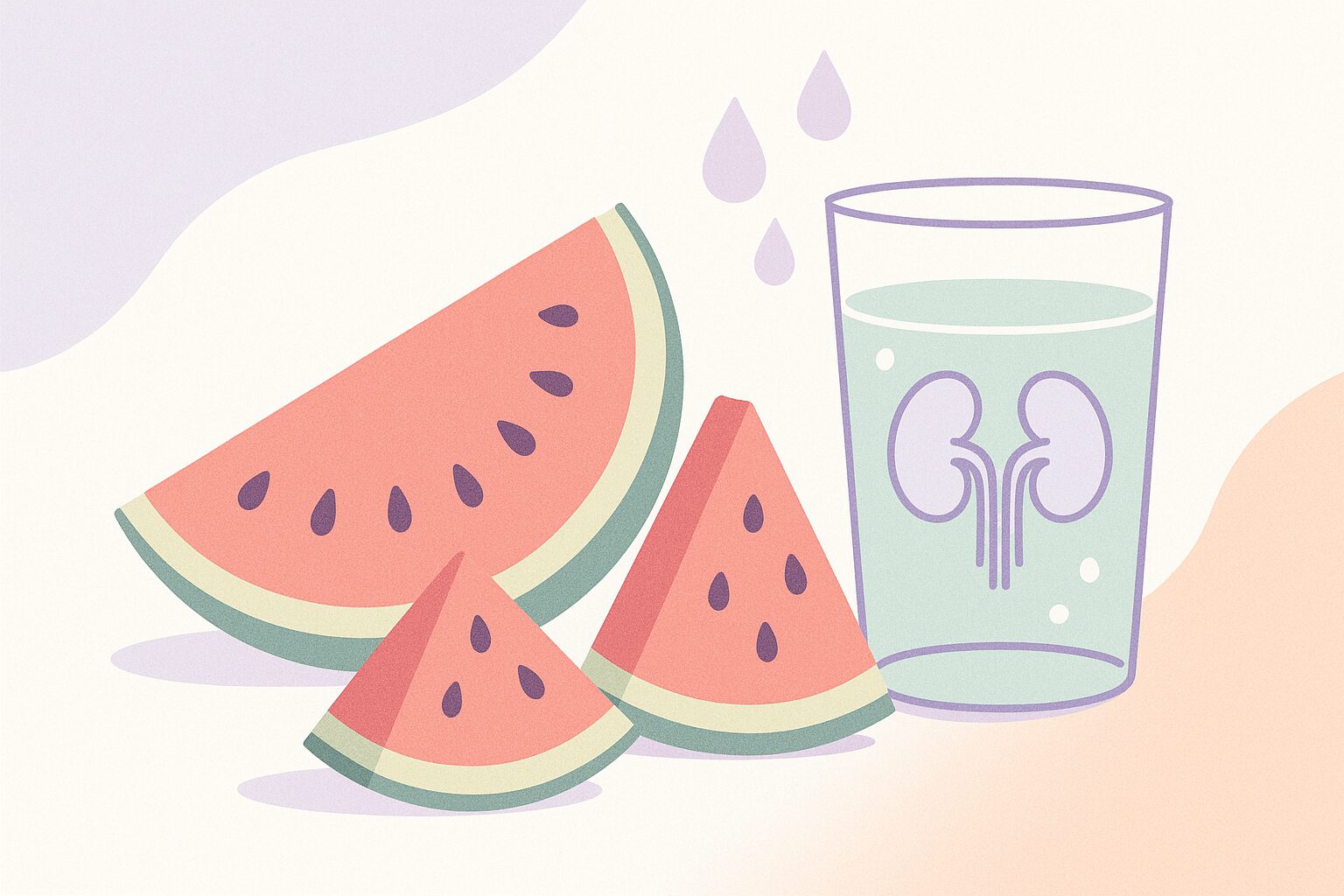 Editorial illustration of watermelon slices with a stylized kidney icon and water droplets indicating diuretic effect